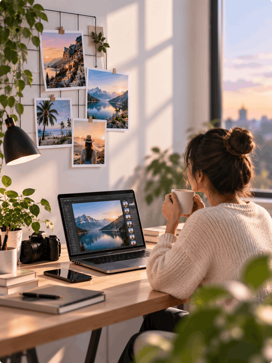 Young lady sitting on a desk, AI-enhanced photo